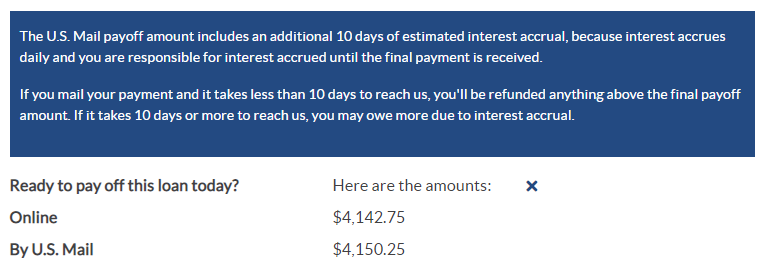 example of what a loan payoff looks like in the online account portal